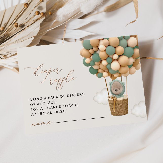 Bear, Green Balloons, Baby Shower Diaper Raffle Enclosure Card (Creator Uploaded)