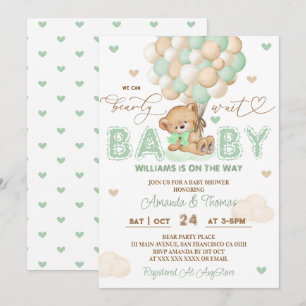 Bear Green Balloons Gender Neutral Baby Shower Invitation