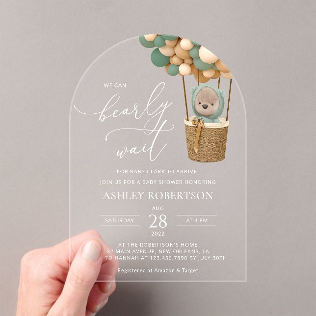 Bear, Green Balloons, Hot Air Balloon, Baby Shower Acrylic Invitations (Insitu (Handheld))