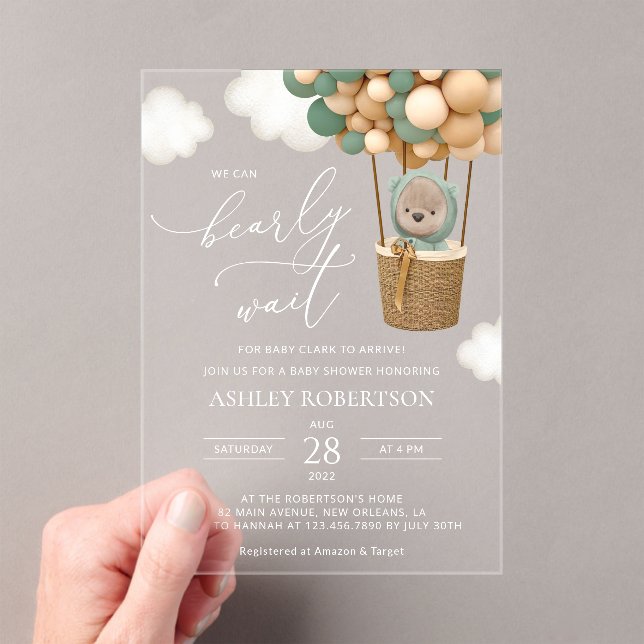Bear, Green Balloons, Hot Air Balloon, Baby Shower Acrylic Invitations (Insitu (Handheld))