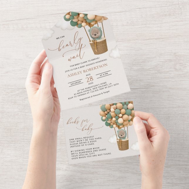 Bear, Green Balloons, Hot Air Balloon, Baby Shower All In One Invitation (Tearaway)