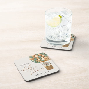 Bear, Green Balloons, Hot Air Balloon, Baby Shower Coaster