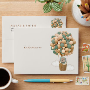 Bear, Green Balloons, Hot Air Balloon, Baby Shower Envelope