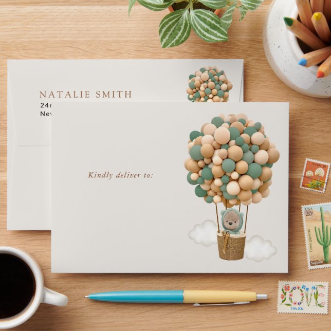 Bear, Green Balloons, Hot Air Balloon, Baby Shower Envelope (Desk)