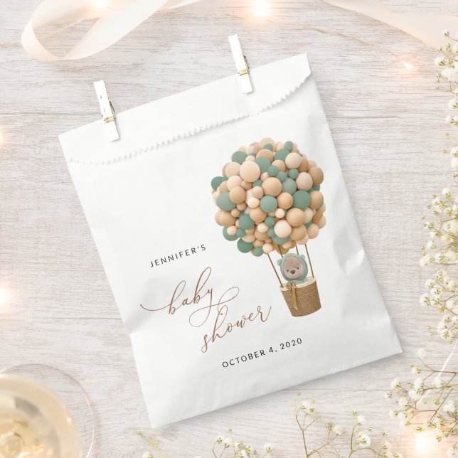 Bear, Green Balloons, Hot Air Balloon, Baby Shower Favour Bags (Clipped)