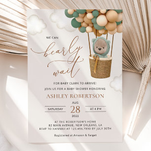 Bear, Green Balloons, Hot Air Balloon, Baby Shower Invitation