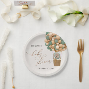 Bear, Green Balloons, Hot Air Balloon, Baby Shower Paper Plate