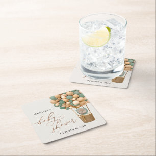 Bear, Green Balloons, Hot Air Balloon, Baby Shower Square Paper Coaster