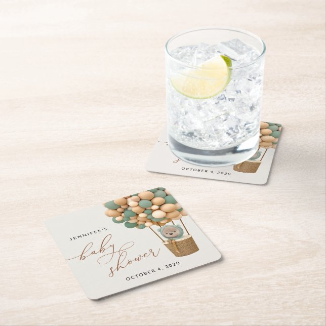 Bear, Green Balloons, Hot Air Balloon, Baby Shower Square Paper Coaster (Insitu)