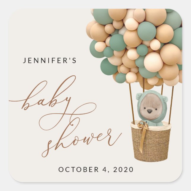 Bear, Green Balloons, Hot Air Balloon, Baby Shower Square Sticker (Front)