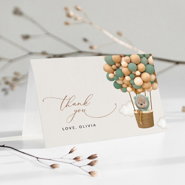 Bear, Green Balloons, Hot Air Balloon, Baby Shower Thank You Card (Creator Uploaded)