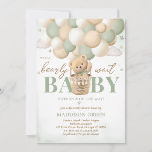 Bear Green Hot Air Balloon Baby Shower Invitation