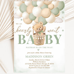 Bear Green Hot Air Balloon Baby Shower Invitation