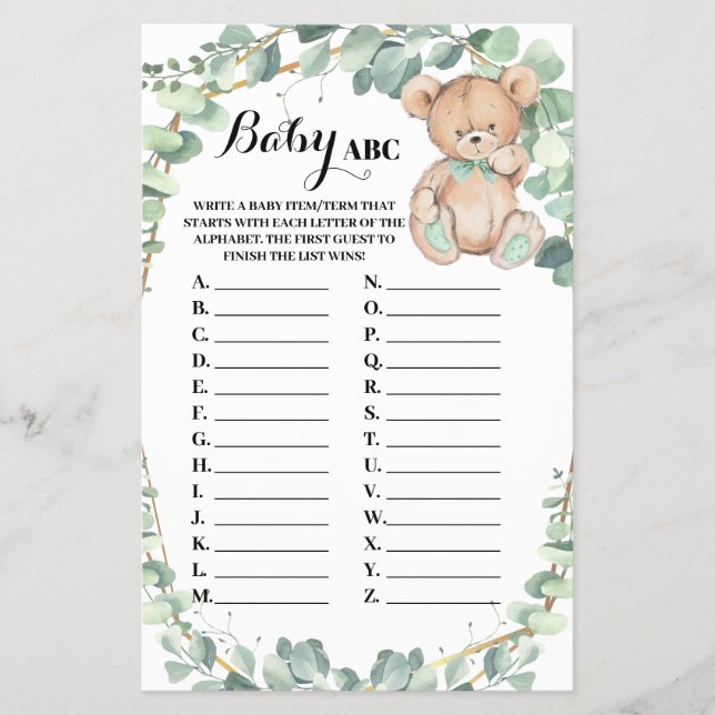 Bear Greenery Baby ABC Baby Shower Game Card (Front)