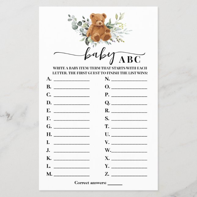 Bear Greenery Baby ABC Baby Shower Game Card (Front)