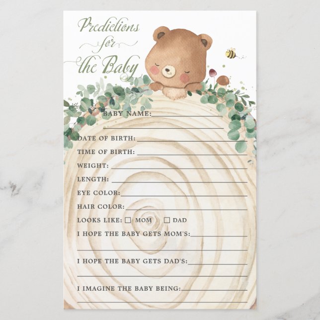 Bear Greenery Baby Predictions & Wishes for Baby (Front)