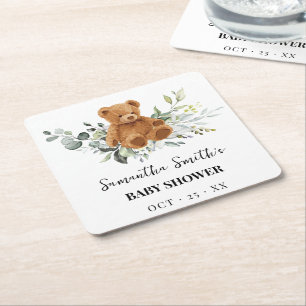 Bear Greenery Baby Shower Square Paper Coaster