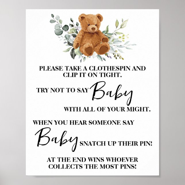 Bear Greenery Dont say Baby Clothespin Shower Game Poster (Front)