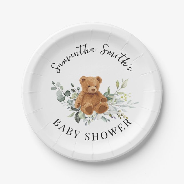 Bear Greenery Eucalyptus Baby Shower Round Paper Plate (Front)