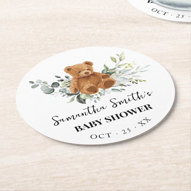 Bear Greenery Eucalyptus Baby Shower Round Paper Round Paper Coaster (Angled)
