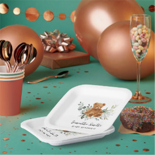 Bear Greenery Eucalyptus Baby Shower Square Paper Plate