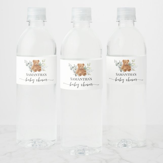 Bear Greenery Eucalyptus Baby Shower Water Bottle Water Bottle Label (Bottles)