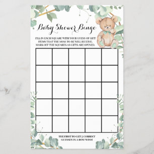 Bear Greenery Gold Baby Shower Bingo Game Card