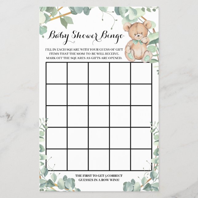 Bear Greenery Gold Baby Shower Bingo Game Card (Front)