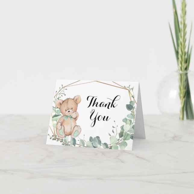 Bear Greenery Gold Baby Shower Thank you Card (Front)