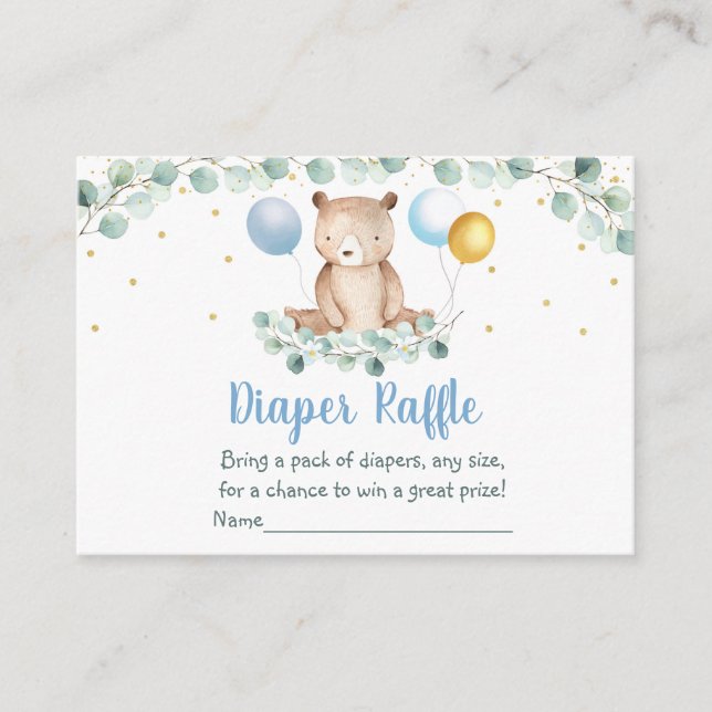 Bear Greenery Gold Blue Baby Shower Diaper Raffle Enclosure Card (Front)