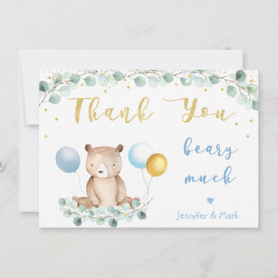 Bear Greenery Gold Blue Baby Shower Thank You Card