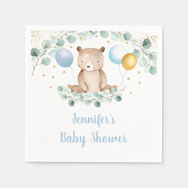 Bear Greenery Gold Blue Boy Baby Shower Napkin (Front)