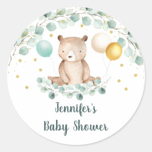 Bear Greenery Gold Gender Neutral Baby Shower Classic Round Sticker