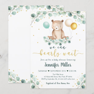 Bear Greenery Gold Gender Neutral Baby Shower Invitation