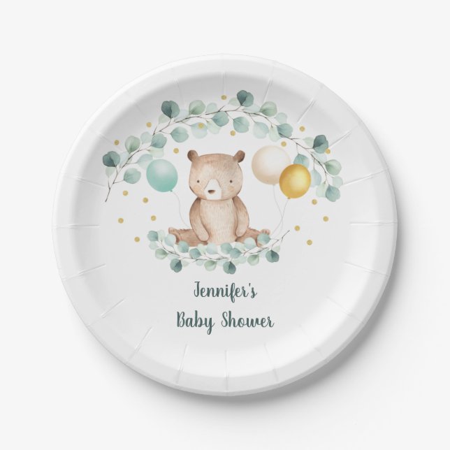 Bear Greenery Gold Gender Neutral Baby Shower Paper Plate (Front)