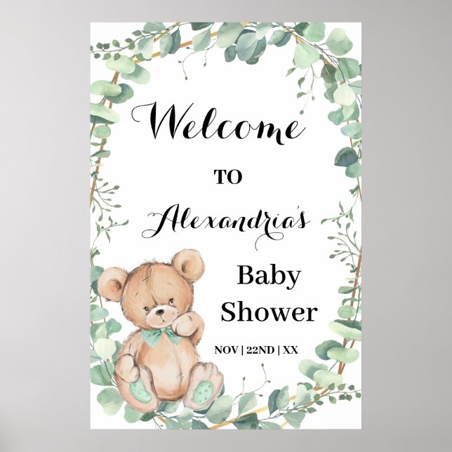 Bear Greenery Gold Welcome Baby Shower Poster (Front)
