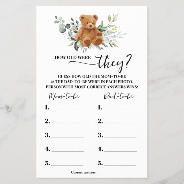 Bear Greenery How old were They Shower Game Card (Front)