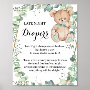 Bear Greenery Late Night Diaper Shower Game Sign