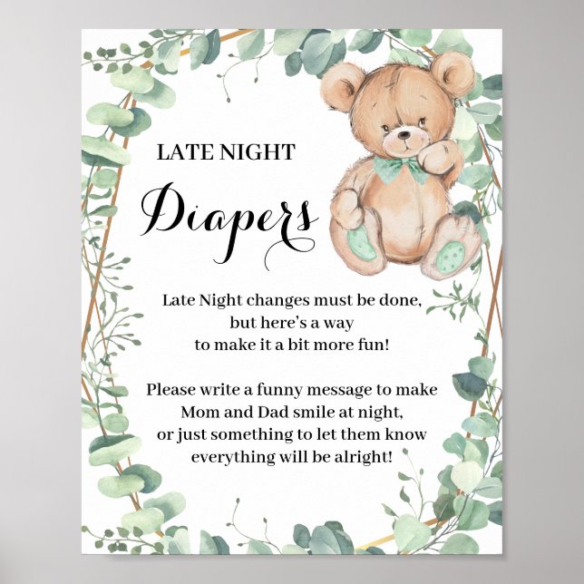 Bear Greenery Late Night Diaper Shower Game Sign (Front)