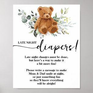 Bear Greenery Late Night Diapers Baby Shower Game  Poster