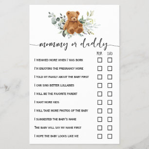 Bear Greenery Mum or Dad Baby Shower Game Card