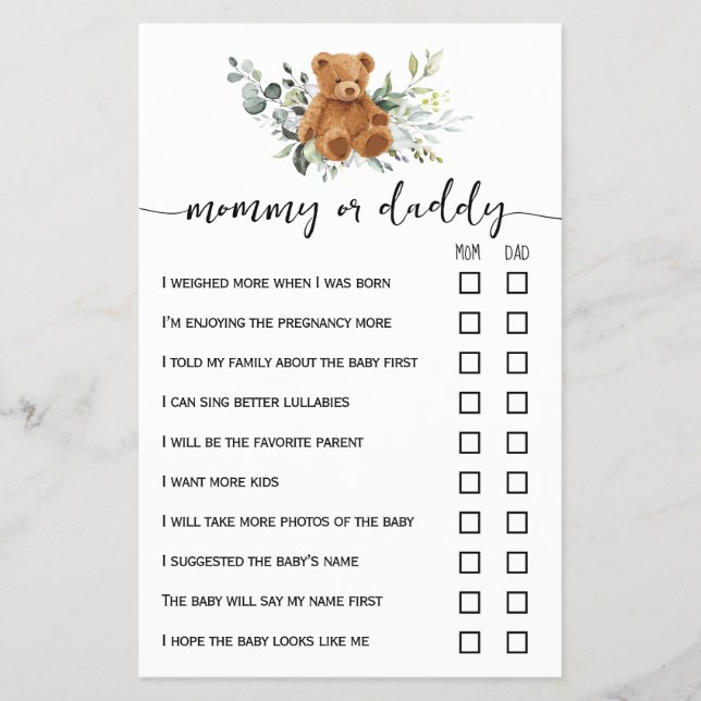 Bear Greenery Mum or Dad Baby Shower Game Card (Front)