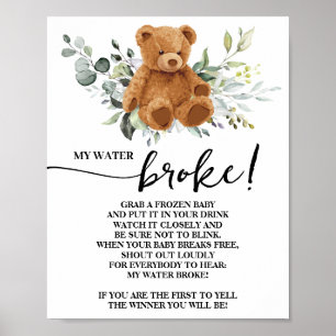 Bear Greenery My Water Broke Baby Shower Sign