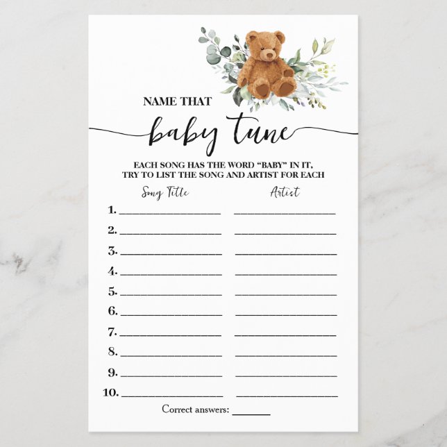 Bear Greenery Name Baby Tune Baby Shower Game Card (Front)