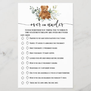 Bear Greenery Over or Under Baby Shower Game Card