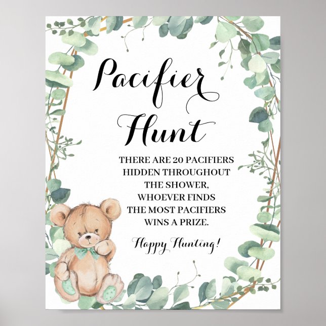 Bear Greenery Pacifier hunt Baby Shower Game Sign (Front)