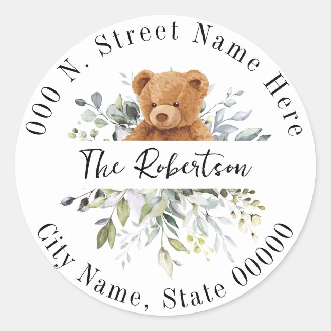 Bear Greenery Return Address Classic Round Sticker (Front)