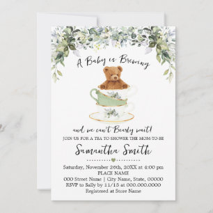 Bear Greenery Tea Baby Shower Invitation