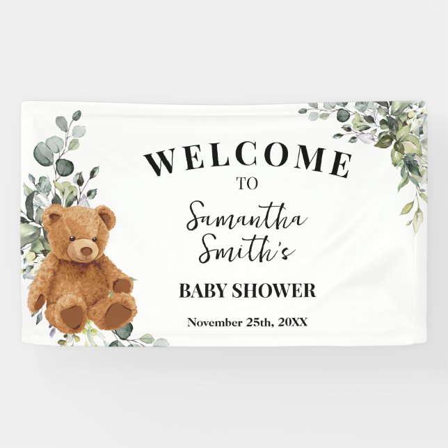 Bear Greenery Welcome Baby Shower Banner (Horizontal)