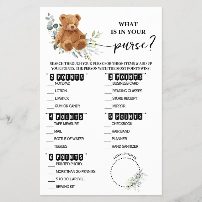 Bear Greenery What is in your Purse Shower Card (Front)